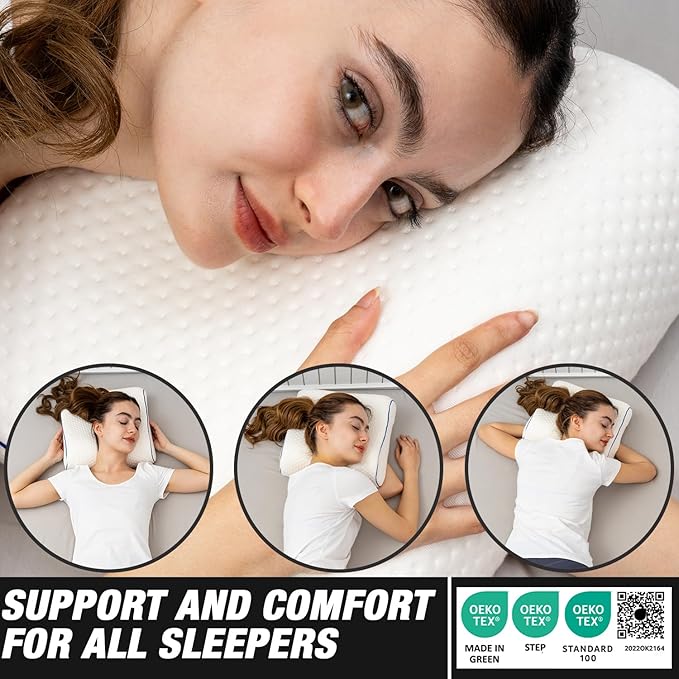 Travel &amp Camping Comfortable Memory Foam Pillow – Easy to Carry Portable Bag – Temperature Regulating Pillow Case - Perfect for Travelling (White Contour)