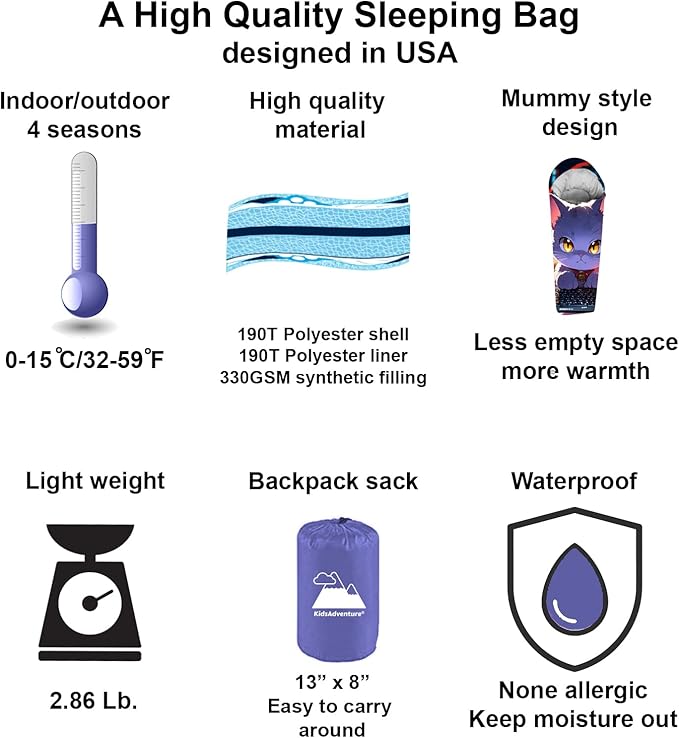 Mummy Style 32 – 59F Kids Sleeping Bag with Pillow Sleeve Full Scale Digital Printing Unicorn Mermaid Kitty or Puppy Lightweight Ideal for Camping Sleepover Boys Girls Youth and Toddlers