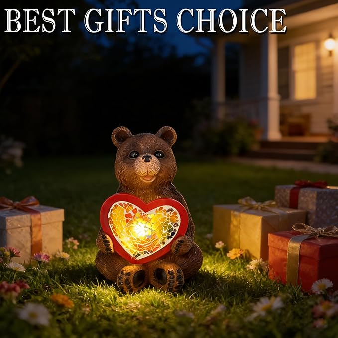 Solar Bear Garden Statues Decor for Outdoor Brown Bear Figurine Lights for Lawn Patio Yard Decoration - Unique Christmas Housewarming Gift for Grandma Wowen Mom