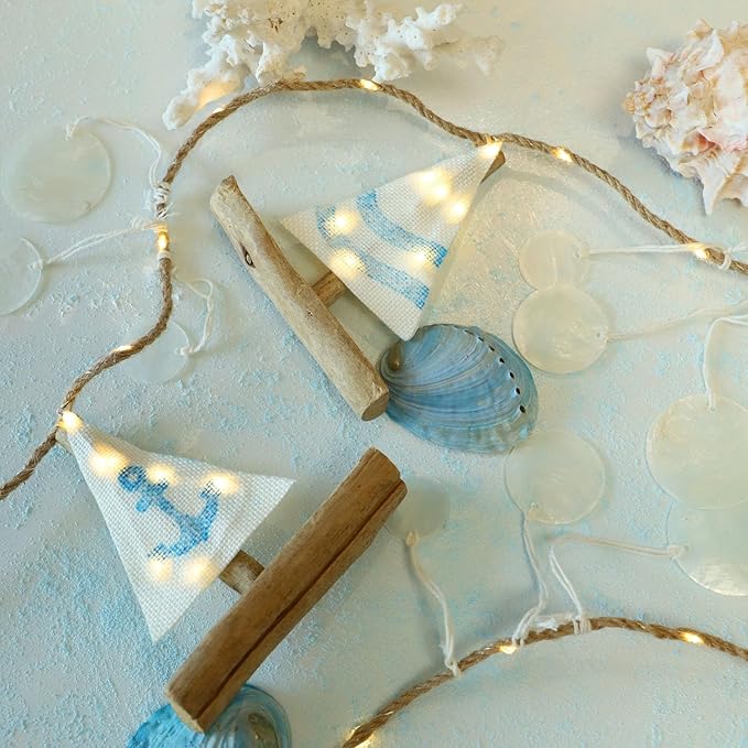 Nautical Decor Sailboat Ocean Light with Capiz Wind Chimes - 6.5FT 70LED Beach Garland with Lights Battery Operated with Remote for Coastal Room Beach Decor