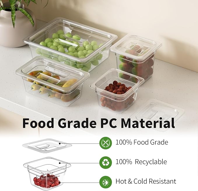 1/6 4'' 12 Pack Plastic Food Pans With Lids Clear Food Pan Commercial Stackable Polycarbonate Freezer-Safe for Fruits Vegetables Restaurant Kitchen
