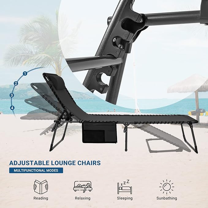 KingCamp Folding Outside Patio Lounge Chair with Comfortable Pad Adjustable 4-Position Adults Reclining Folding Chaise with Pillow Portable Camping cot for Patio Pool Beach Sunbathing Deck Lawn