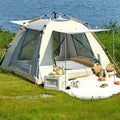 2-3 Person Family Camping Tent with Awning Quick Setup All-Season Tent Windproof Waterproof with Mosquito Net &amp UV Protection Beige Oxford Fabric