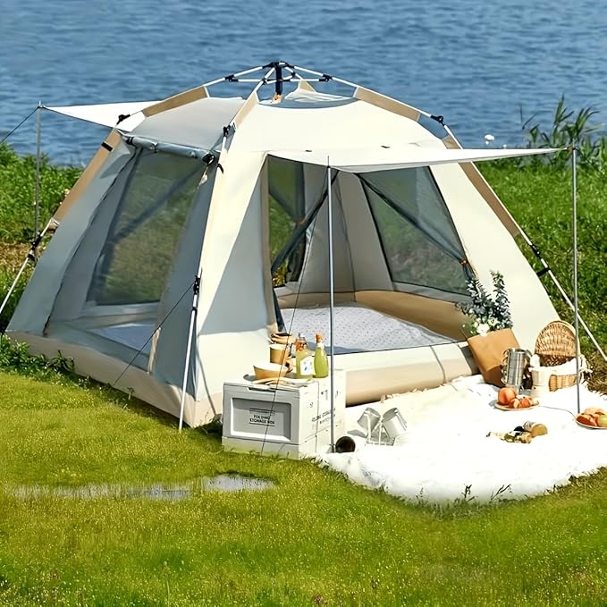 2-3 Person Family Camping Tent with Awning Quick Setup All-Season Tent Windproof Waterproof with Mosquito Net &amp UV Protection Beige Oxford Fabric