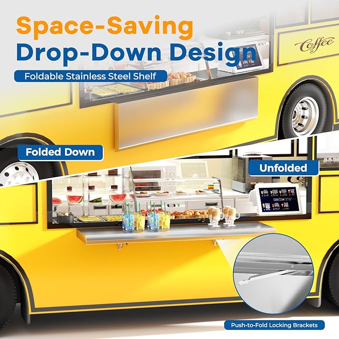 Stainless Steel Folding Shelf 48 x 12 for Food Truck Fold Down Concession Shelf for Serving