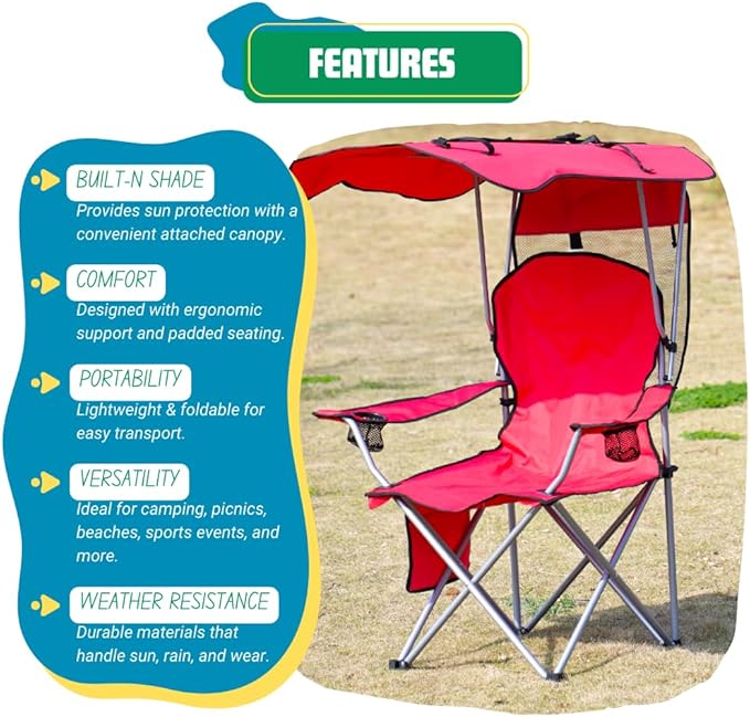 EZONE Folding Canopy Camp Chair for Outdoors Shade Canopy Portable Chair Camping Tailgates Beach Pool Lawn Chair Sunshade Travel Chair Folding Camping Chair (Upgraded - Red)