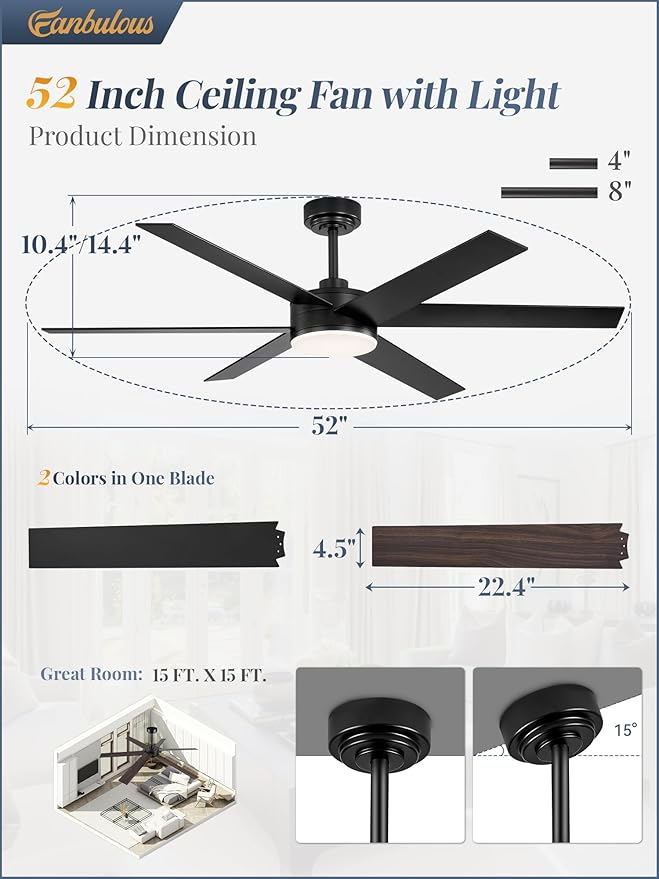 Fanbulous 52 Inch Ceiling Fans with Lights and Remote Reversible 6 Blades Dimmable 3000K-6000K Adjustable Outdoor Ceiling Fans for Patios Large Ceiling Fan for Indoor or Covered Outdoor Black