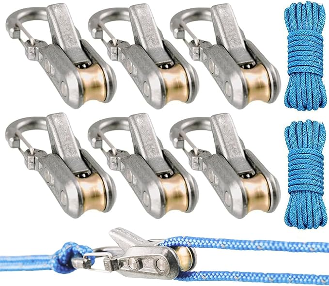6-Pack Rope Tensioner Paracord Adjusters - Knot-Free Locking Tie-Down Tool with Roller Quick Adjust Buckle for Camping Boating Tent Outdoor Gear