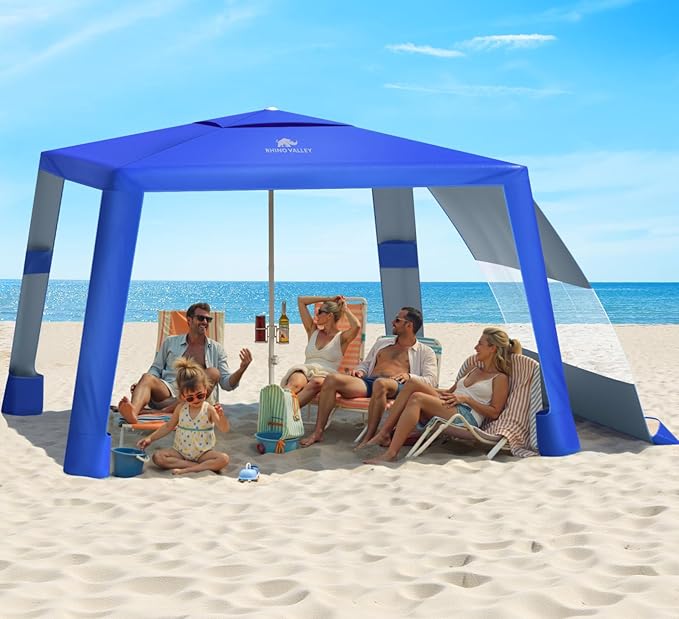 Rhino Valley Beach Cabana 8*8FT Beach Tent UPF50+ Protection Easy Setup Beach Canopy Wind Resistant with Cup HolderCompact Beach Shade Foldable Beach Tent Sun Shelter for Whole Family FriendIndigo