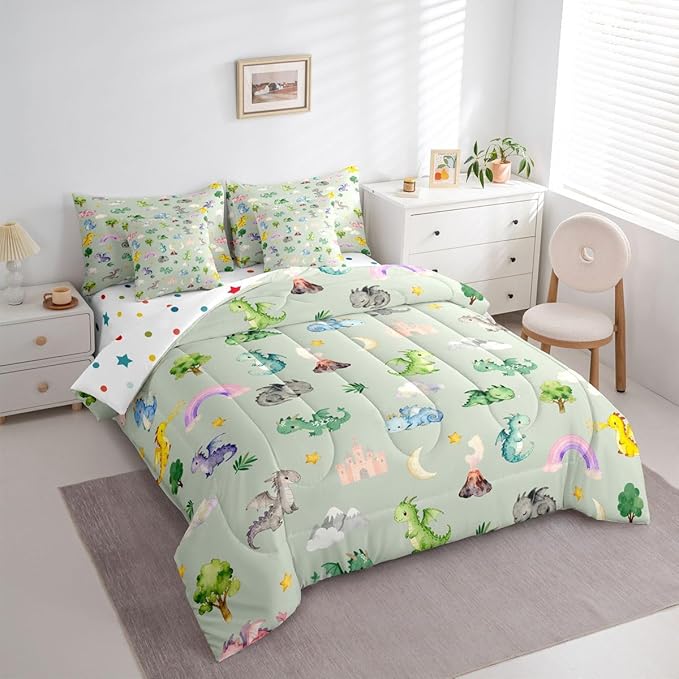 Baby Dragon 7 Piece Bedding Set Queen Size Animal Comforter Set with SheetsPillowcases &amp Cushion Cover for Boys Girls Bedroom Decor Cartoon Wildlife Bed in a Bag Microfiber Women Men Green Gray