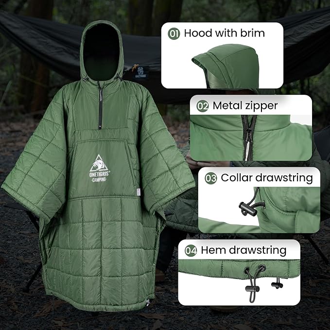ONETIGRIS Camping Blanket with with Recycled Synthetic InsulationWearable Hoodie Blanket | Ultralight Water-Resistant Warm Camping Blanket for Outdoor Hiking Stadium