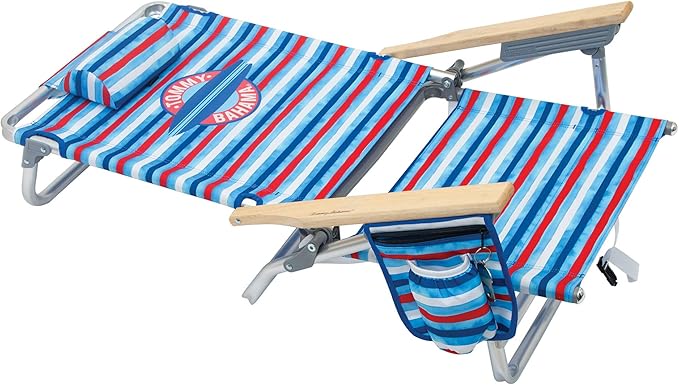 Tommy Bahama 2-Pack 5-Position Classic Lay Flat Backpack Beach Chair with Cooler and Cup Holder Portable Folding Beach Chair for Tanning Red/White/Blue