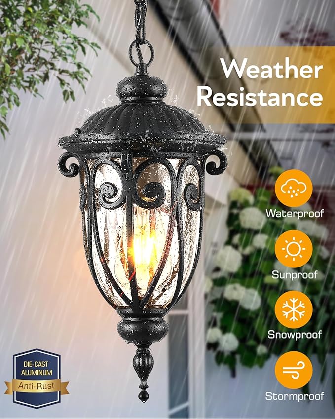 VIANIS Black Outdoor Pendant Light Lantern Modern Chandelier Handcrafted Hanging Lights with Seed Glass Outdoor Ceiling Lights for Porch House Doorway Garden Entryway