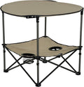 Lippert Sand Two-Tier Folding Camping Table with Dual Cupholders 600D Polyester Fabric Powder-Coated Steel Frame Foldable Design Lightweight Construction Zippered Carry Bag - 2023053721