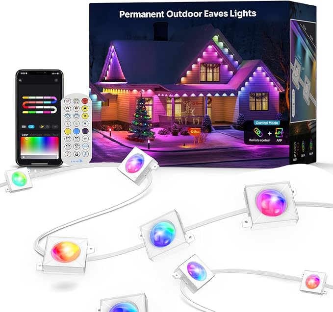 Permanent Outdoor Lights for House: 100FT RGB+IC LED Eave Light with Smart APP &amp Remote Control 72 Scene Modes IP65 Waterproof String Lights-Party Christmas Decoration(Extension Cord Not Includ