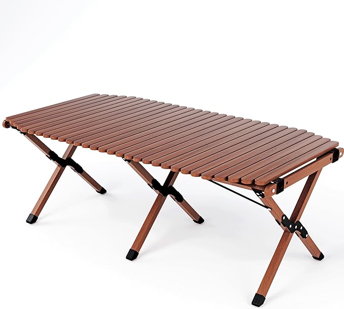 Folding Camping Table Beech Wood Portable Lightweight Roll-up Picnic Table with Carrying Bag for Outdoor Backyards BBQ Beach Party Patio(Walnut Rounded Edges &amp Big)