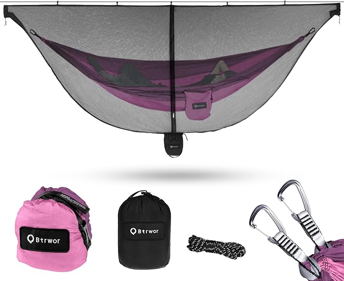 Hammock Anti-Mosquito System - Includes Double Hammock and Bug Net - Set of Essentials for Camping Hiking (Pink Hammock + Bug net)