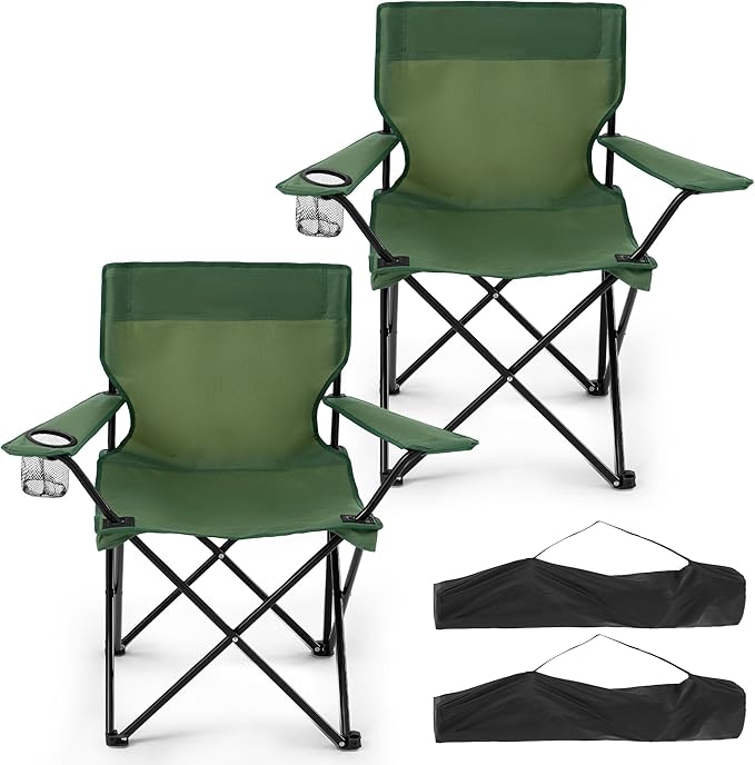 2 Pack Folding Camping Chairs for Adults Foldable Portable Beach Chairs with Carry Bag &amp Cup Holder Compact Design for Camping Beach Picnics and Fishing Supports 300LBS（Dark Green）