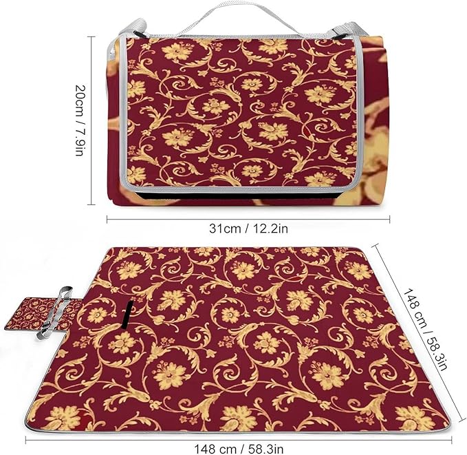 Vintage Victorian Damask Maroon Gold Floral Burgundy Antique Waterproof Outdoor Picnic Blanket Sandproof Beach Mat for Camping Hiking Grass Travelling