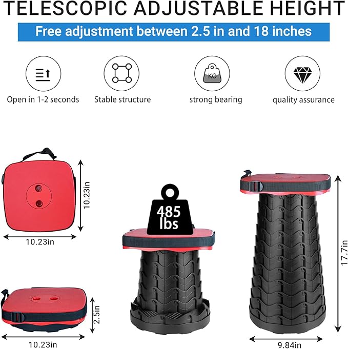 Upgraded Square Folding Stool Max Load Capacity 485lbs Portable Collapsible Seat Telescoping Foldable Stool for CampingFishingHikingTravel Red