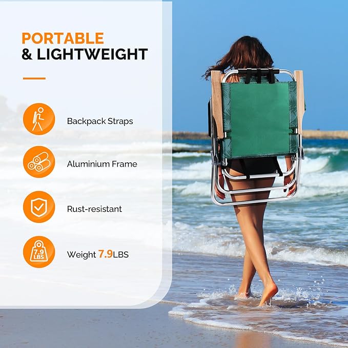 VINGLI Aluminum 17 Backpack Beach Chair – Tall Beach Chairs for Adults Portable with Adjustable Straps 3-Position Reclining Cup Holder High Lightweight Beach Chairs for Beach