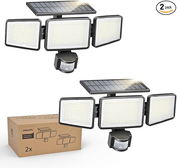 Philips Solar Security Light Outdoor 302 LED 1200lmSolar-Powered Waterproof Wall-Mounted Flood Light w/PIR Motion Sensor 3 Heads IP65 Waterproof 3 Modes (2 Packs)
