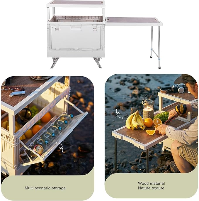 Folding Camping Storage Box with Table Board Multi Functional Collapsible Camp Kitchen Box Suitable for Outdoor Picnic Storage (White)