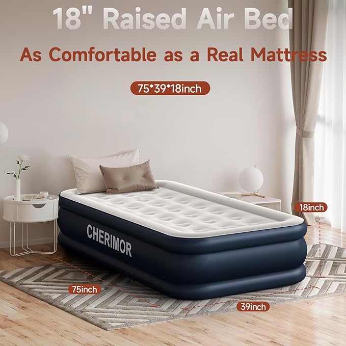 Twin Air Mattress with Built in Pump 18 Raised Thick Inflatable Bed 440lb Comfort Support Inflatable Blow Up Mattress with Carry Bag for Camping Fast Self-Inflating Air Bed for Guest&ampHome