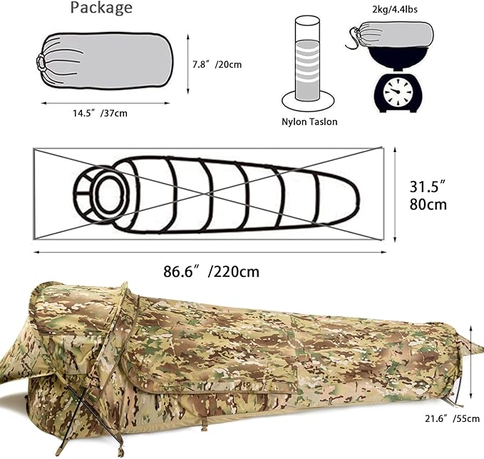 MT Military Hideaway Bivy Cover Stealth Compact Single-Pole Hooped Tent for Modular Sleeping Bags with Mosquito Bug Net MeshWaterproof Breathable Outer Shell Minimalist Shelter