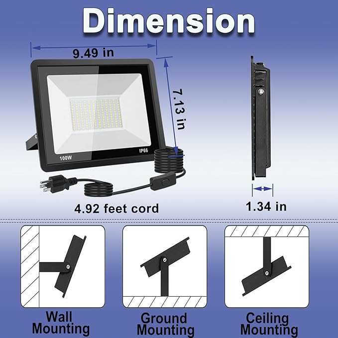 100W LED Flood Light Outdoor 10000LM Bright Plug-in Flood Lights with Switch IP66 Waterproof Exterior Security Lights LED Work Light for Garage Yard Garden Playground Stadium Arena