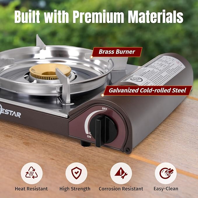 SHINESTAR 14000 BTU Butane Camping Stove Double Wind-Guard Portable Butane Stove for Camping Hiking Emergencies Tailgating Essentials Carrying Case Included Brown