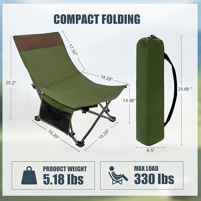 Compact Backpack Camping Chairs 2 Pack with Adjustable Backrest &amp Side Pocket Low Folding Chairs for Adults Portable Reclining Chairs for Outdoor Lawn Hiking