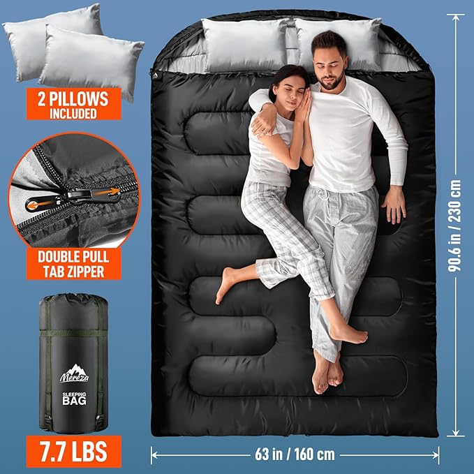 MEREZA Double Sleeping Bag for Adults Mens with Pillow XL Queen Size Two Person Sleeping Bag for All Season Camping Hiking Backpacking 2 Person Sleeping Bags for Cold Weather &amp Warm