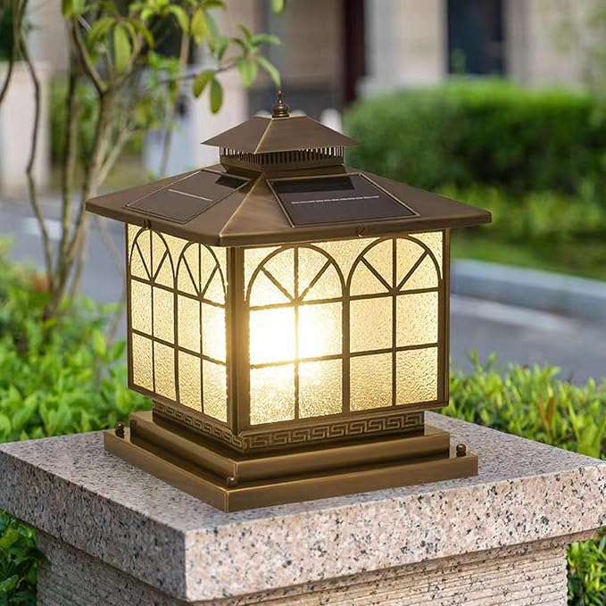 Copper Solar Outdoor Post Lights Vintage Patio Lawn Column Lamp Deck Lights Lantern Fence Lamp Fixture Luxury Landscape Lighting (Solar 12x12in Copper Brown)