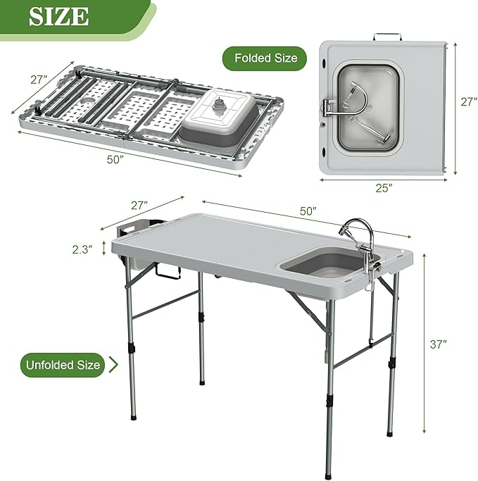 Foldable Fish Cleaning Table Portable Camping Table with Sink &amp Measurement Markers with Faucet &amp Spray Gun for Camping Patio Kitchen RV &amp Beach