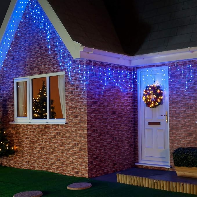 Brizled Blue Icicle Lights 29ft 360 LED Christmas Icicle Lights with Remote 8 Modes Christmas Roof Light with 60 Drops Connectable Xmas Eave Light Outdoor Drop Lighting for Xmas Wedding Holiday