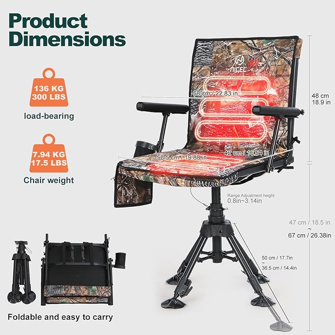 Nice C Heated Swivel Hunting Blind Chair 360 Degree Silent Swivel Chair with Battery Turkey Chairs Strutter Chairs 4 Legs Height Adjustable Power Bank Included Portable Ground Camping