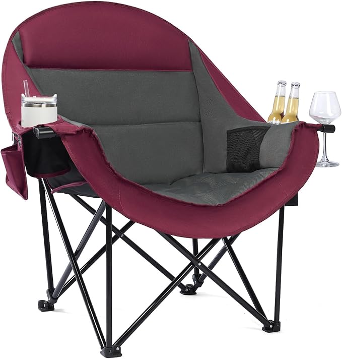 Oversized Camping Chair for Adults - Heavy Duty Padded Outdoor Folding Lawn XL Camp Chair with Cup Holder Cooler Pockets for Sports Beach Fishing Garden Portable Supports 500lbs Red/Grey