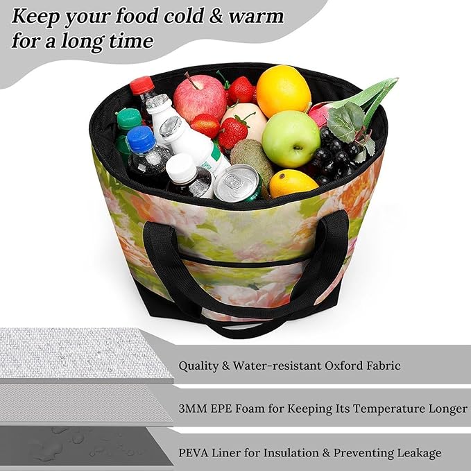 Insulated Shopping BagLarge Reusable Cooler Bags Bright Peonies Printed Foldable Shopping BagTravel Waterproof Shoulder Bag