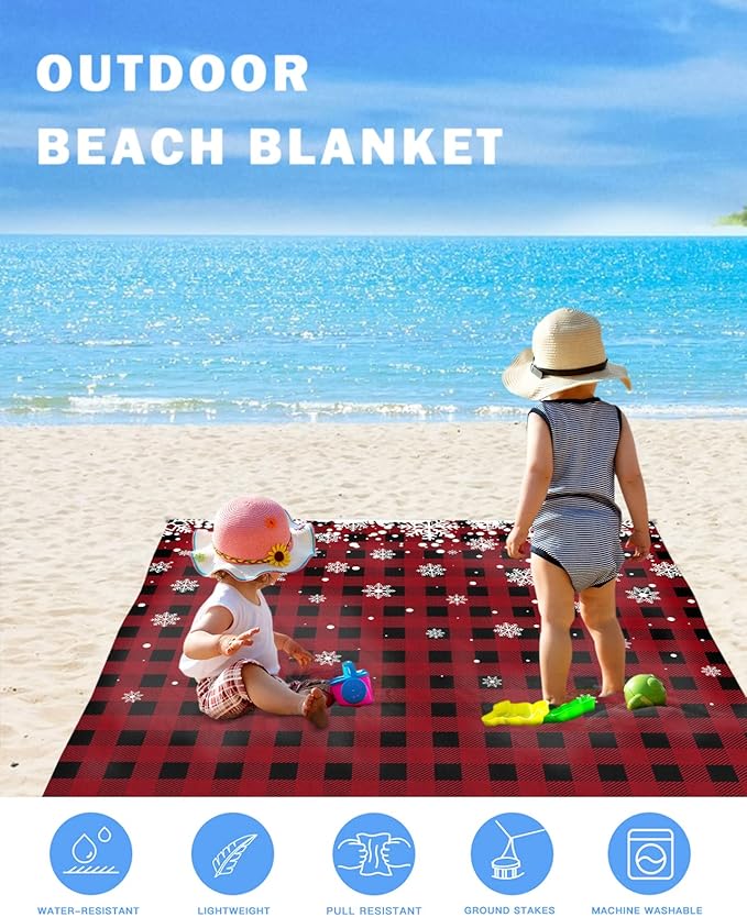 Beach Blanket Waterproof Sandproof Christmas White Snowflake Quick Drying Beach Mat with 4 Stakes Red Black Buffalo Checkered Lightweight Picnic Blanket for Travel Camping Outdoor 108x84