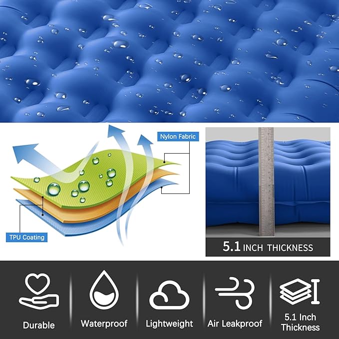 Inflatable Sleeping Pad for Camping Ultralight Sleeping Mat with Built-in Foot Pump 5.1 Extra-Thick Camping Mattress Pad for Backpacking Hiking Tent Traveling
