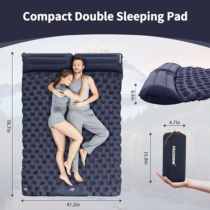 Camping Double Sleeping Pad Self Inflating Sleeping Mat with Pillow Built-in Foot Pump 2 Person Portable Camping Air Mattress for Backpacking Hiking Traveling TentBeach