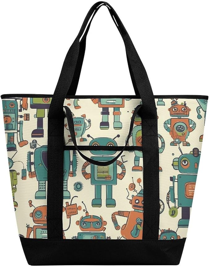 Insulated Shopping BagLarge Reusable Cooler Bags Cute Cartoon Robots Printed Foldable Shopping BagTravel Waterproof Shoulder Bag