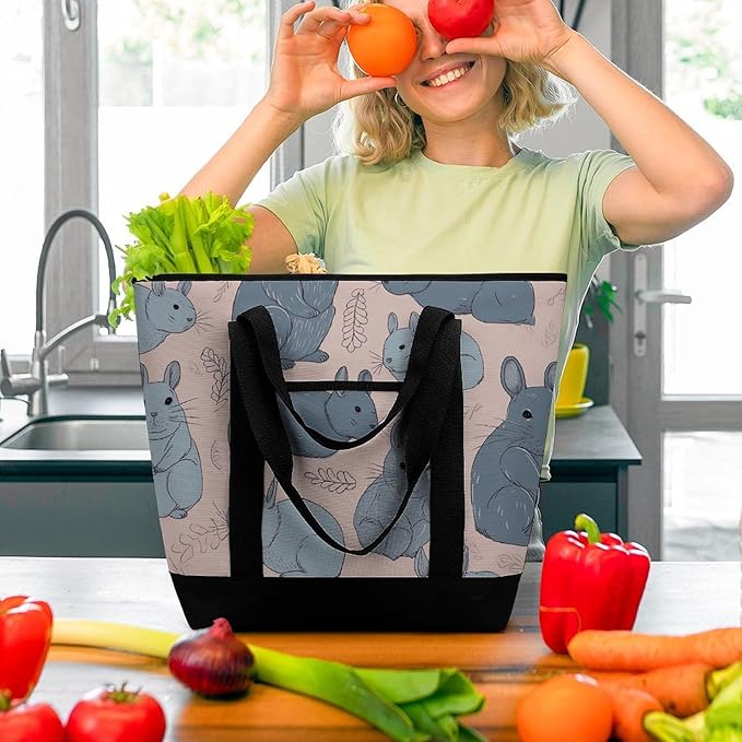 Insulated Shopping BagLarge Reusable Cooler Bags Blue Chinchillas Printed Foldable Shopping BagTravel Waterproof Shoulder Bag