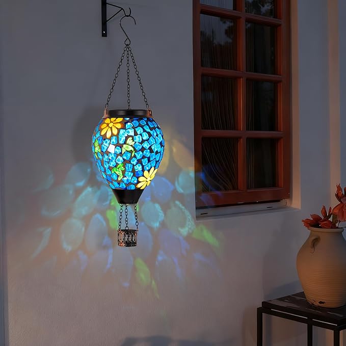 Hummingbird Solar Hot Air Balloon Lantern with Flame Blue Hanging Mosaic Solar Lantern Outdoor Waterproof Outdoor Solar Lights for Yard Gardening Gift for Mom Grandma Women