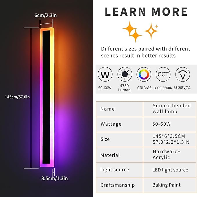 Mikeru 2pack 57inch Outdoor Wall Light Fixtures RGB Long Exterior Wall Light 10%-100% Dimmable Smart Outdoor Light Fixtures Wall Mount Featuring Multiple Modes and 12 Colors for Patio Entryway