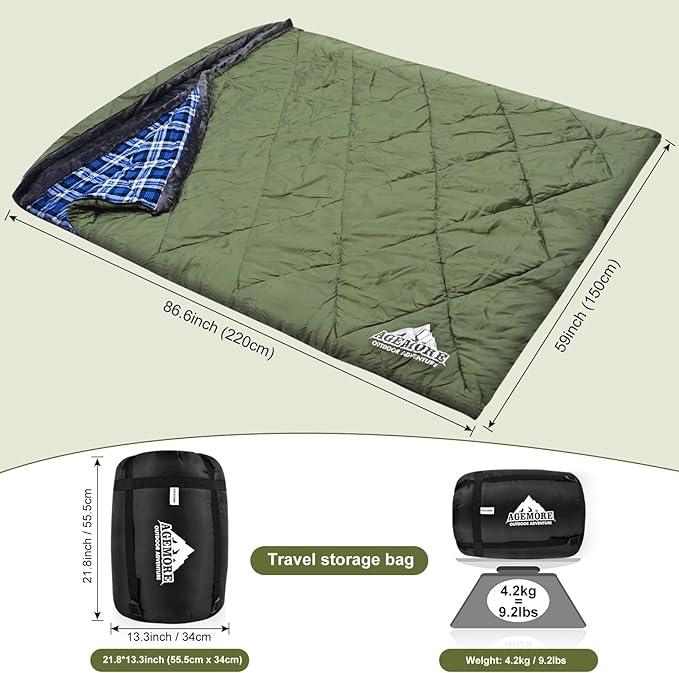 AGEMORE Cotton Flannel Double Sleeping Bag with Fleece Lined Hood Waterproof Queen Size 2 Person Sleeping Bag for Adults Cold Weather Camping Backpacking or Hiking 3-4season