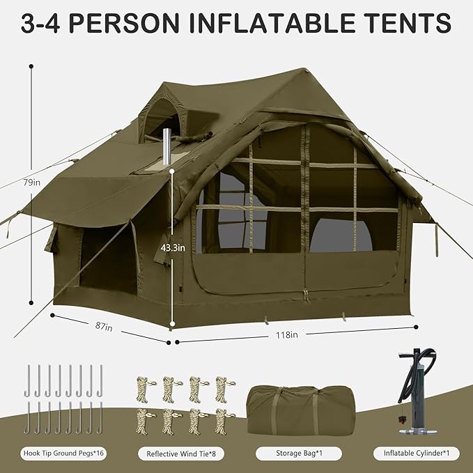 Inflatable Tents with Hand Pump Hot Tent with Stove Jack Easy Blow Up Glamping Tent with Mesh Windows 4-6 Person Instant Family Camping Tents Waterproof for 4 Seasons