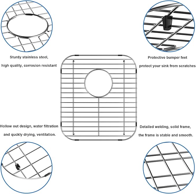 Sink Bottom Grid Kitchen Universal Sink Grate 304 Stainless Steel Sink Rack Protector with Rear Drain 13.2 X 11.6