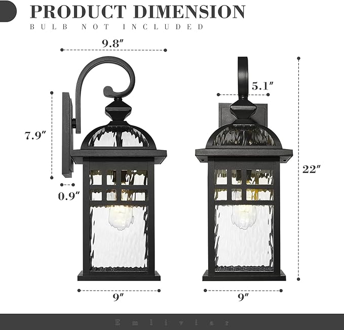Emliviar Black Exterior Lighting Fixture 22 Inch Farmhouse Outside Lights for House with Water Ripple Glass DE281B-M BK-WP